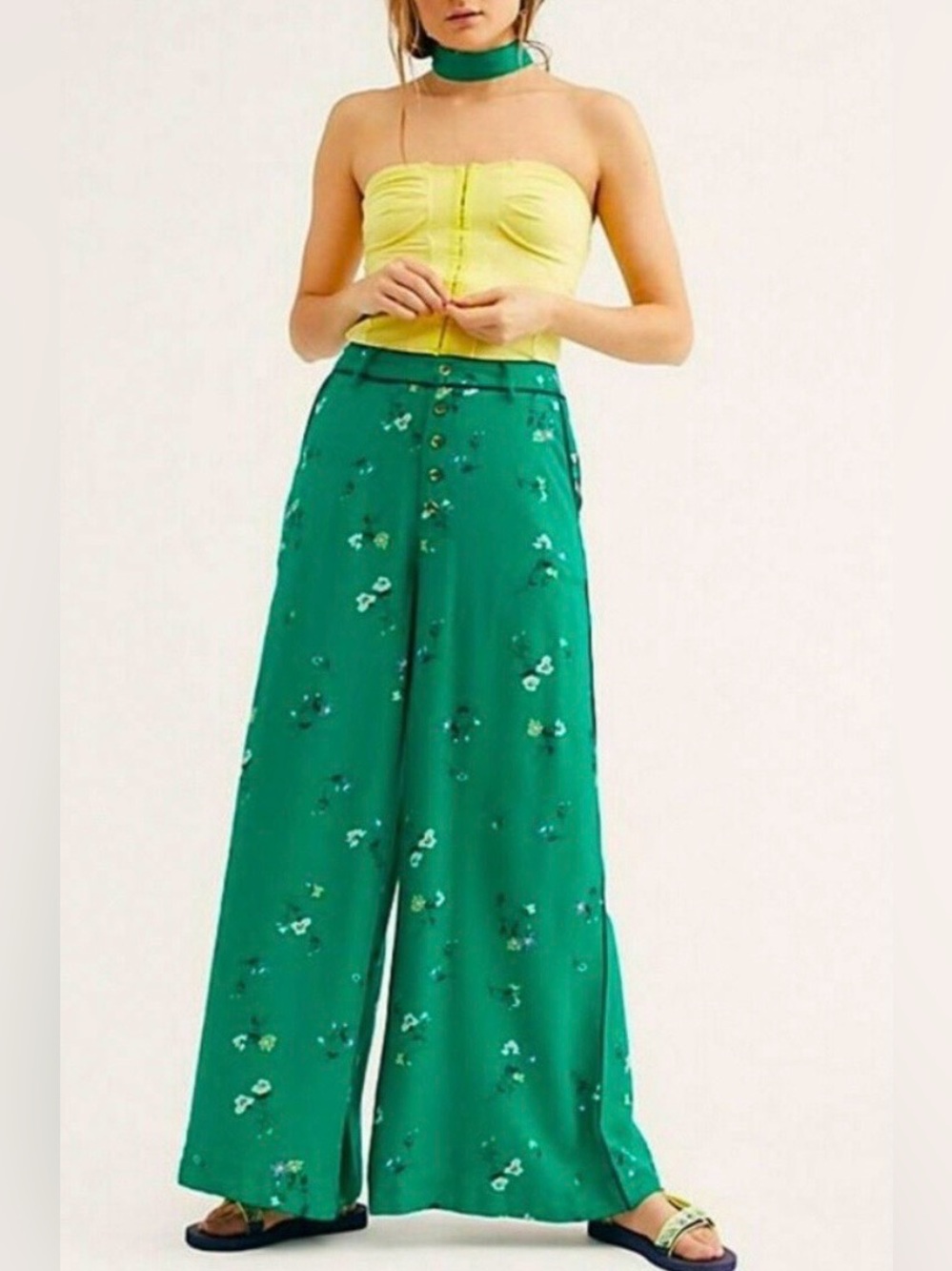 Free People Bennie Floral Wide-Leg Emerald Green Pants Size 2 Eclectic Boho Chic